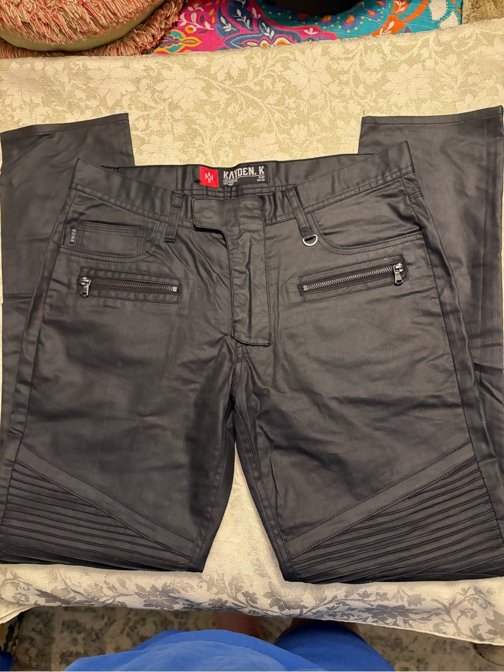 Kayden K Los Angeles Men's Black Moto Zip Detail Pants, Size: Slim 34/32